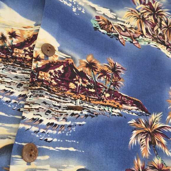 Hilo Hattie Hawaiian Shirt Mens 2XL Blue Rayon Hawaii Volcano Island Button Up - Picture 6 of 12